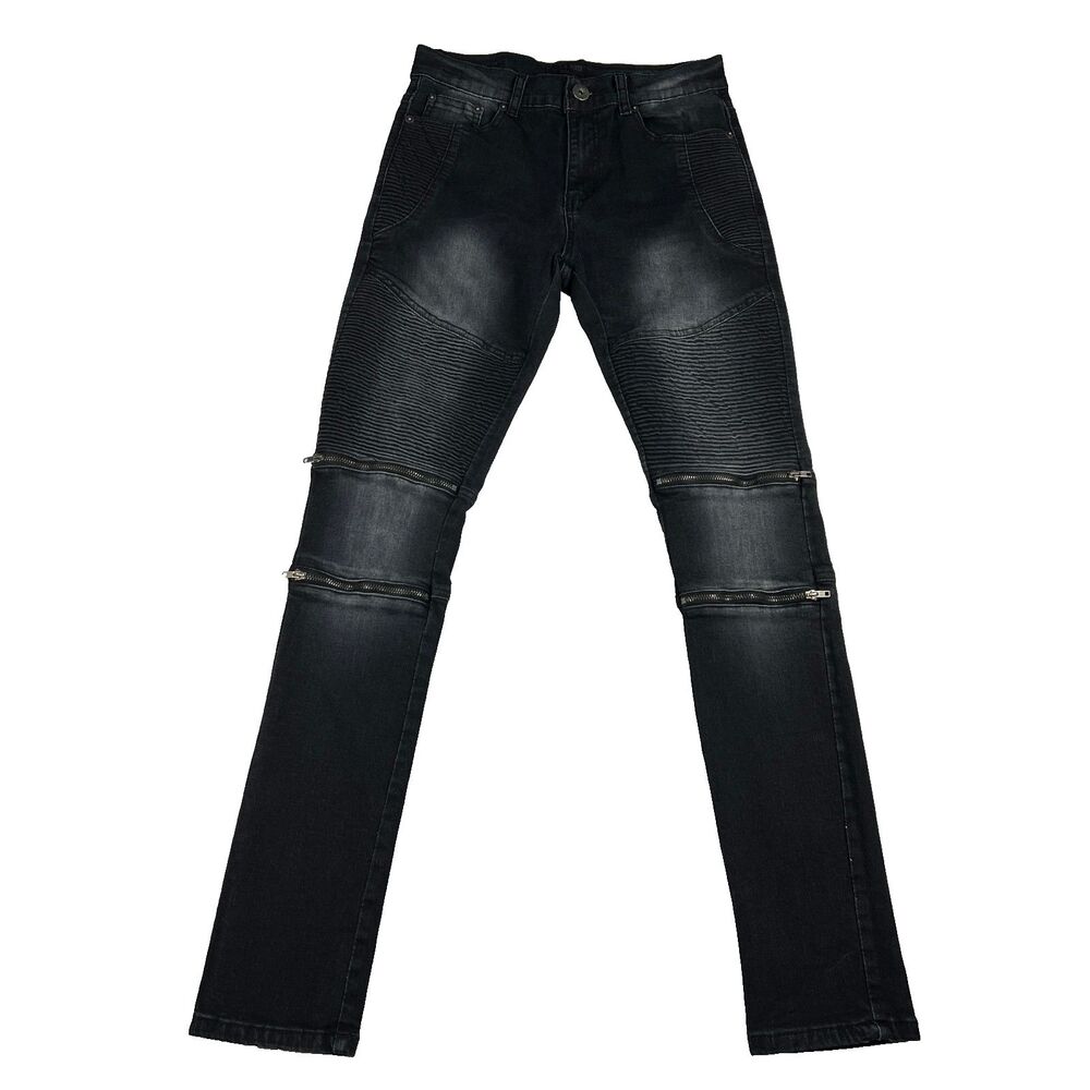 Liquor N Poker Mens Jeans Black Moto Zippers Denim Ribbed 28x31.5